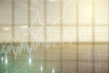 Poster - Double exposure of abstract creative financial chart hologram on empty modern office background, research and strategy concept
