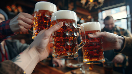 cheers, Clinking beer glasses, close-up shots of hands holding beer glasses and beer bubbles