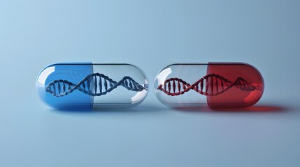 Wall Mural - Two pills with DNA strands inside, representing genetic engineering and biotechnology advancements.