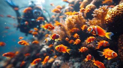 Wall Mural - A realistic photo of a scuba diver swimming alongside a school of colorful fish in a coral reef, with bright corals and crystal-clear water creating a breathtaking underwater scene.