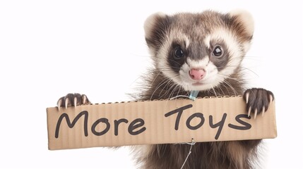 Wall Mural - A cute ferret holding a cardboard sign that says More Toys with a white background