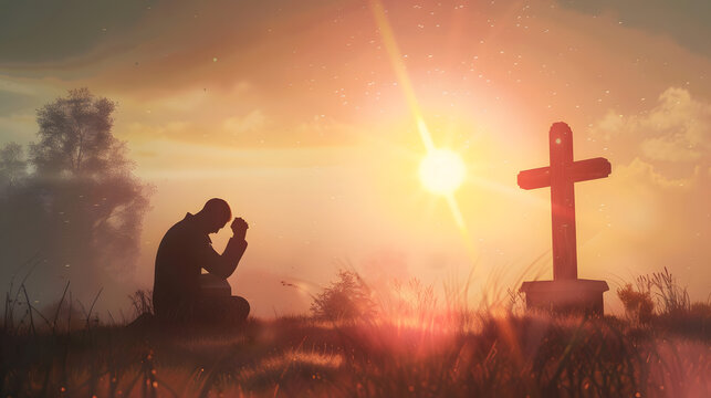 Silhouette of a woman sitting on the grass praying in front of a cross at sunset, golden light.
