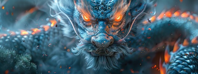 Close-up of a Majestic Blue Dragon with Fiery Eyes