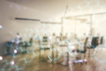 Aufkleber - Double exposure of abstract virtual technology hologram with hexagon on modern corporate office background. Research and development software concept