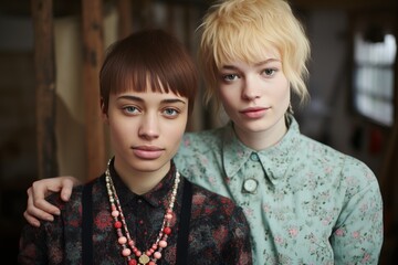 Two diverse young women in casual attire standing with arms around each other in a room with rustic wooden beams, symbolizing friendship and togetherness.