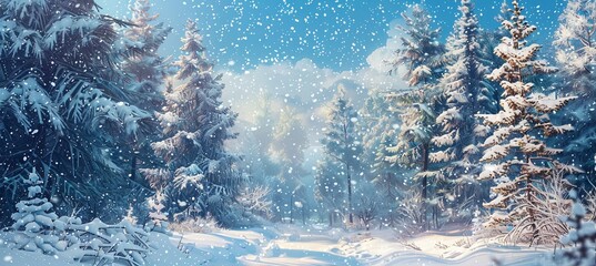 Wall Mural - Forest Path Covered in Fresh Snow, Framed by Tall Evergreen Trees Laden with Snowflakes, Under a Clear Blue Sky