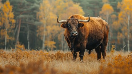 Large brown bull standing in the meadow beside the trees