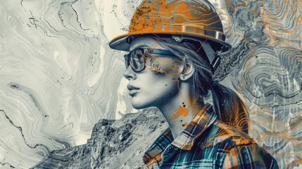 Wall Mural - She is wearing a hard hat and safety glasses. She looks like an engineer or a construction worker. She is standing in front of a blue and white background.