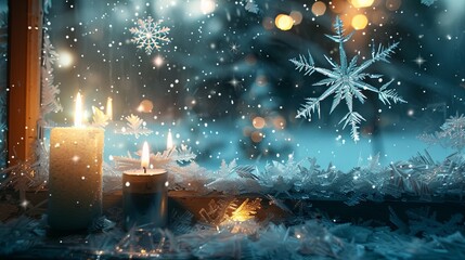 Canvas Print - Frost-Covered Window Pane with Intricate Ice Patterns, Illuminated by Soft Candlelight and Sparkling Outdoor Snowflakes