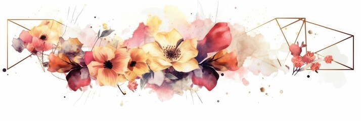 Wall Mural - Abstract geometric watercolor banner with dynamic shapes and splatters. Pink flower and leaves line arrangement or composition with white background. Modern art concept for creative design. AIG35.