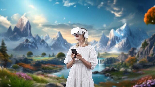 Excited girl using VR and smartphone to connect metaverse surround fantasy mountain ice snow falling water stream magical beautiful wonderland fantastic forest winter dreamy at morning. Contraption.