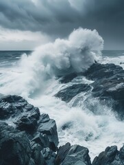 Wall Mural - A powerful ocean wave crashes against rugged rocks, creating a dramatic scene of natures raw power. Generative AI