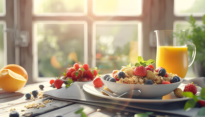 Healthy breakfast with granola and fruits, healthy vegetarian smoothie bowl in the kitchen