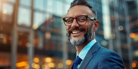 Wall Mural - A man wearing glasses and a blue suit is smiling. He is standing in front of a building with a bright light shining on him