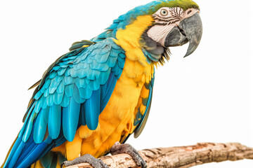 Close up of a blue and yellow macaw parrot sitting on a branch on a isolated white background