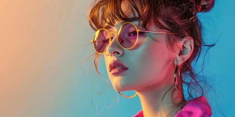 Wall Mural - A woman with a purple and gold pair of sunglasses is standing in front of a blue background. The sunglasses are a bright yellow color and the woman's hair is styled in a bun. Scene is playful and fun