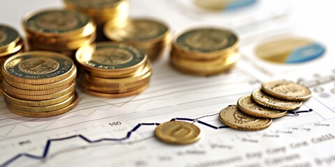 Poster - A pile of gold coins sits on top of a graph with a downward trend. The coins are scattered across the graph, with some closer to the bottom and others higher up. The graph shows a decrease in value
