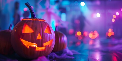 Wall Mural - A pumpkin with a smiley face on it is surrounded by other pumpkins. The scene is set in a dark room with a purple background, giving it a spooky and eerie atmosphere