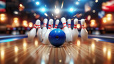 Blue bowling ball knocking down white bowling pins on wooden alley