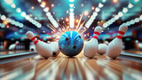 Bowling ball hitting pins and exploding on bowling alley