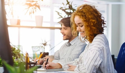 Poster - Young diverse millennial people working in coworking space, panorama