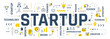 © wowomnom - Vector creative illustration of startup word typography with line icon, word cloud on white background. Startup business infographic concept with spaceship. Line art style design