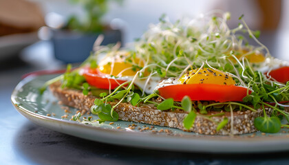 Wall Mural - Egg Sandwiches and coffee for healthy breakfast. Whole grain toasts with mashed avocado, fried eggs and organic microgreens on white table.