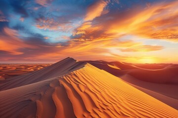 Poster - A breathtaking desert landscape with towering sand dunes bathed in golden sunlight during sunset. The sky is filled with fiery hues, creating a sense of adventure and vastness. Generative AI