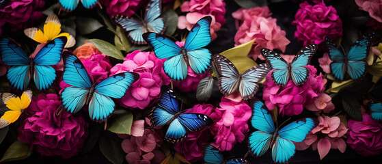 Poster - Vibrant Blue Butterflies on Pink Flowers