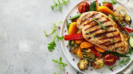 Wall Mural - Grilled Chicken Breast with Vegetables, Light Background, Banner with Copy Space - Raw Style Succulent grilled chicken