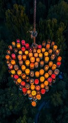 Wall Mural - Heart shaped light decor in a forest at night, symbolizing love and magic, vibrant outdoor photography