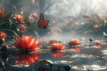 Poster - heyun,(overlook:1.2),(transparency:1.4),floating on water,lotus pond,lotus leaves with butterfly