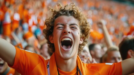 A joyful fan at a soccer event, happily shouting and gesturing with his arms in the air, showcasing his love for the game. AIG41