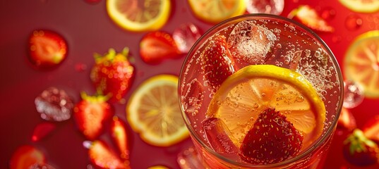 Wall Mural - Iced Strawberry Lemonade: A photorealistic image of a glass of iced strawberry lemonade with slices of fresh strawberries