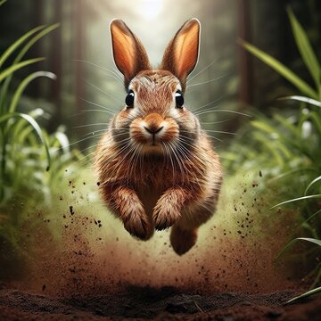 High-speed photography of a Rabbit Jumping in the tall grass, motion blur and a fast shutter speed