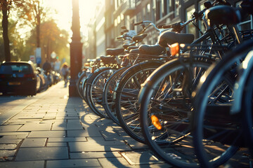 Sticker - A row of bicycles are parked on the sidewalk. The sun is shining brightly on the bikes, making them look shiny and new. The scene is peaceful and serene, with the bikes standing in a neat row