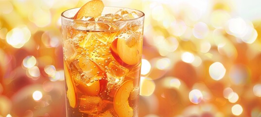Poster - Peach Iced Tea with Peach Slices: A photorealistic image of a tall glass of peach iced tea with visible ice cubes