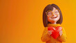 © MdArif - cute girl wearing glasses holding heart shape with one hand and smiling happily on orange background