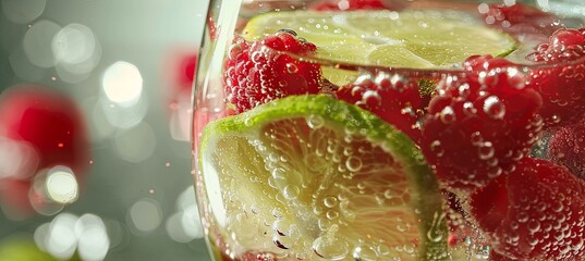 Wall Mural - Raspberry Lime Fizz: A photorealistic image of a glass of raspberry lime fizz, with visible carbonation