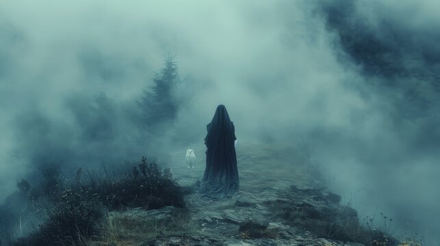 Stunning portrait of a mysterious sorceress with a white owl in a blue dress against a frozen forest in fog.