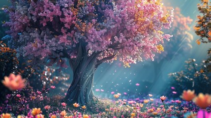 Pink and blue colors in a fantastic landscape with a fantasy tree of desires
