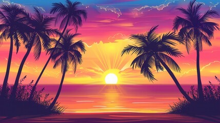 A picturesque sunset over a calm beach, featuring silhouetted palm trees against a vibrant orange, pink, and purple sky. Generative AI
