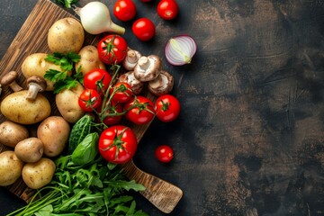 Wooden cutting board top view with various raw vegetables, potatoes, tomatoes, mushrooms, onions for making dinner at home. Food cooking background with ingredients, top view, space for text.