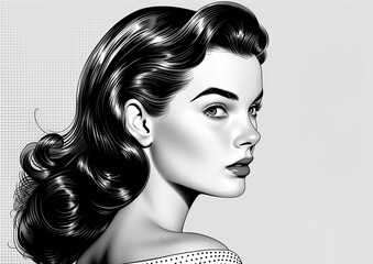 Wall Mural - A woman with long hair and a red lipstick. She is looking at the camera. The image is black and white