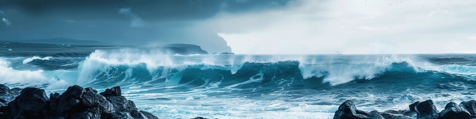 Wall Mural - An image of powerful ocean waves crashing against picturesque rocks on a stormy day. Generative AI
