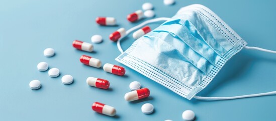 a side angle view of a medical mask over the face with white and red pills on a blue background, sui
