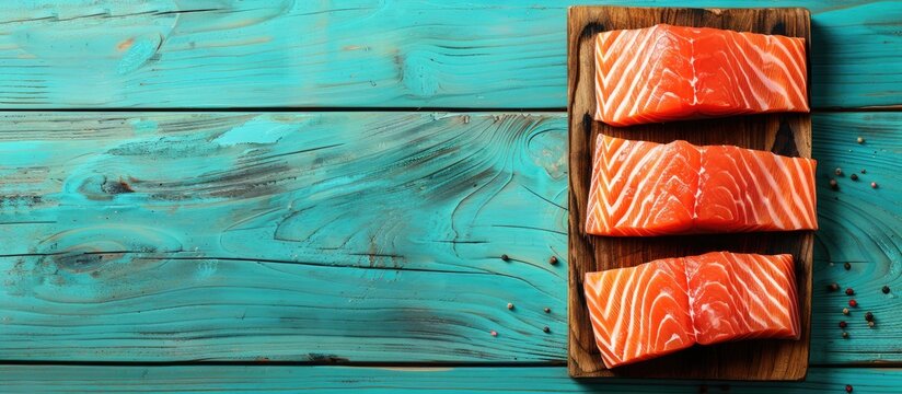 Fresh salmon slices, a raw ingredient for cooking healthy seafood, placed on a vintage cutting board against a turquoise wooden backdrop, with space for text or images. copy space available