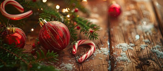 Poster - Closeup view of a Christmas tree ornament surrounded by garland and candy cane, set against a wooden background, creating a festive copy space image.