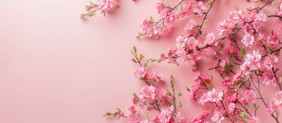 Poster - Soft pink flowers bordering a pastel pink background in a flat lay top view with room for text or graphics, creating a serene copy space image.