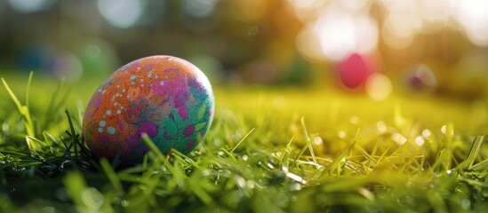 Poster - Colorful Easter egg displayed on fresh green grass with copy space image.
